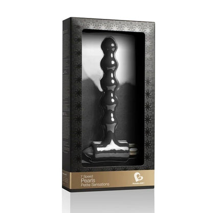 Black vibrating anal beads in packaging with brand logo on a white background