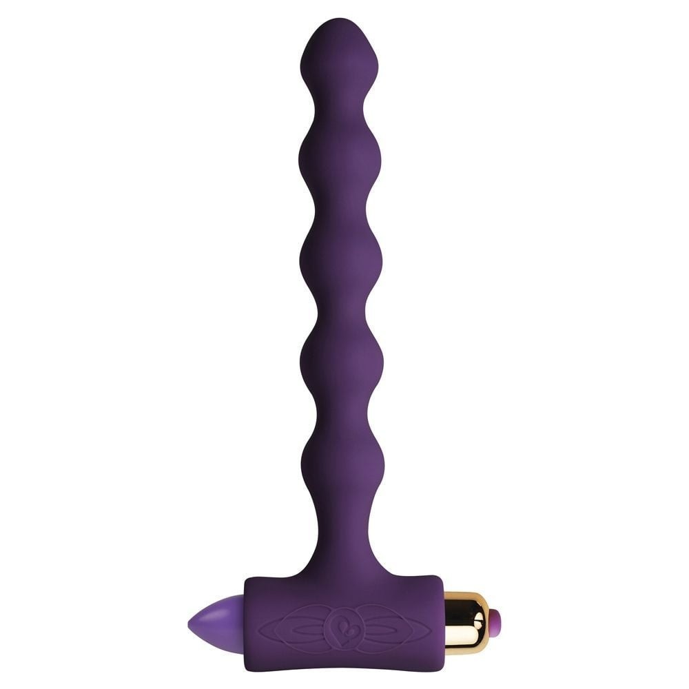Purple wavy sex toy anal beads with a gold base on a white background