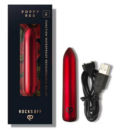 Red rechargeable bullet with packaging and USB cable on a white background