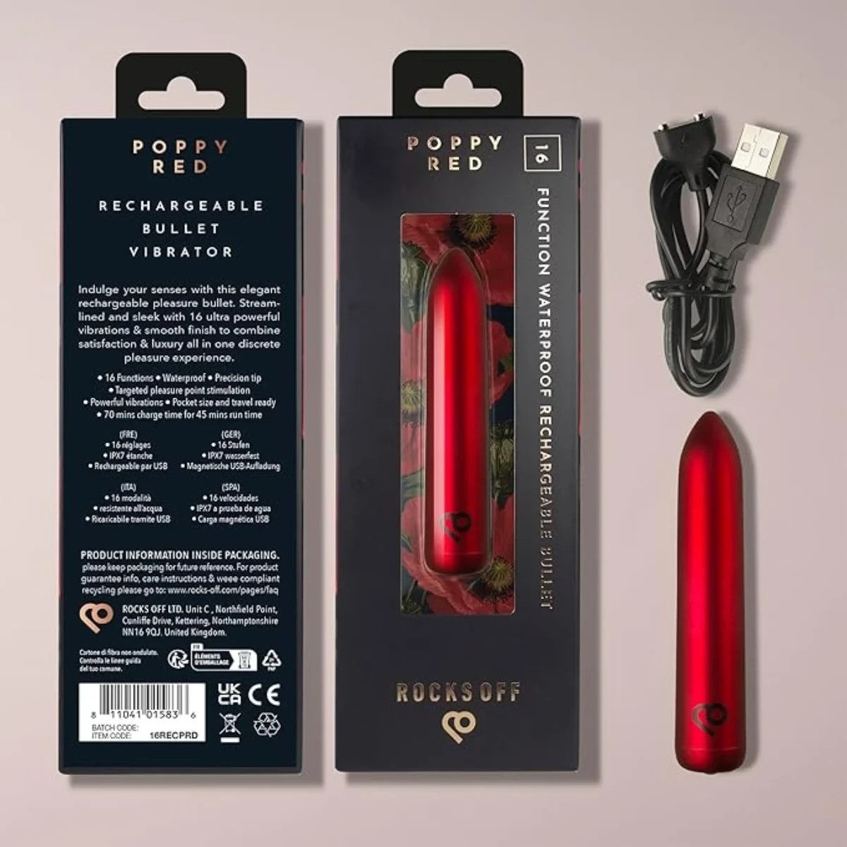 Red rechargeable bullet vibrator with packaging and accessories on a beige background