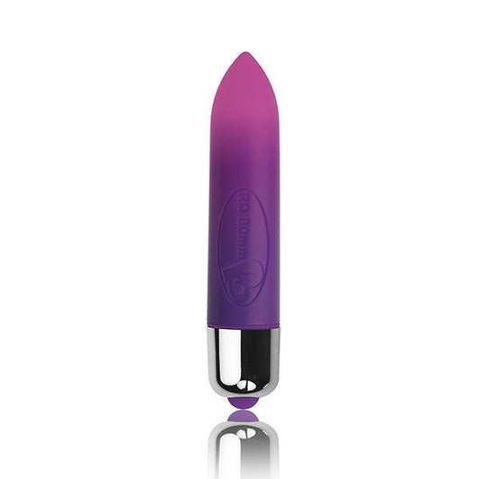 Purple and silver electronic bullet vibrator on a white background