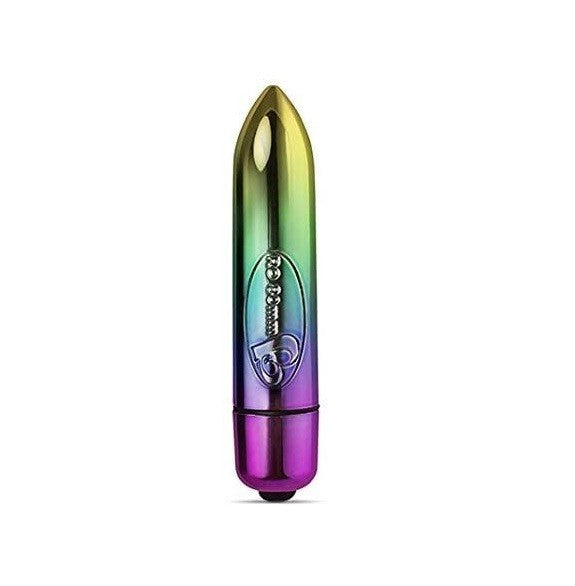 Multicolored bullet-shaped vibrator with a logo on a white background