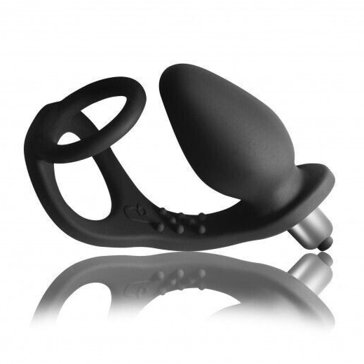 Black silicone cock ring anal plug on a white background