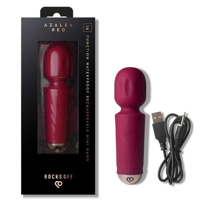 Rocks Off Rechargeable Mini Massage Wand Azalea Red Vibrator packaging on a white background