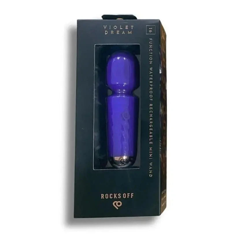 Rocks Off Rechargeable Mini Massage Wand Violet Dream Vibrator packaging on a white background