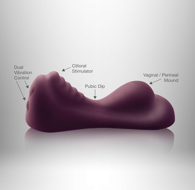 Purple silicone vibrator with labeled features on a gray background