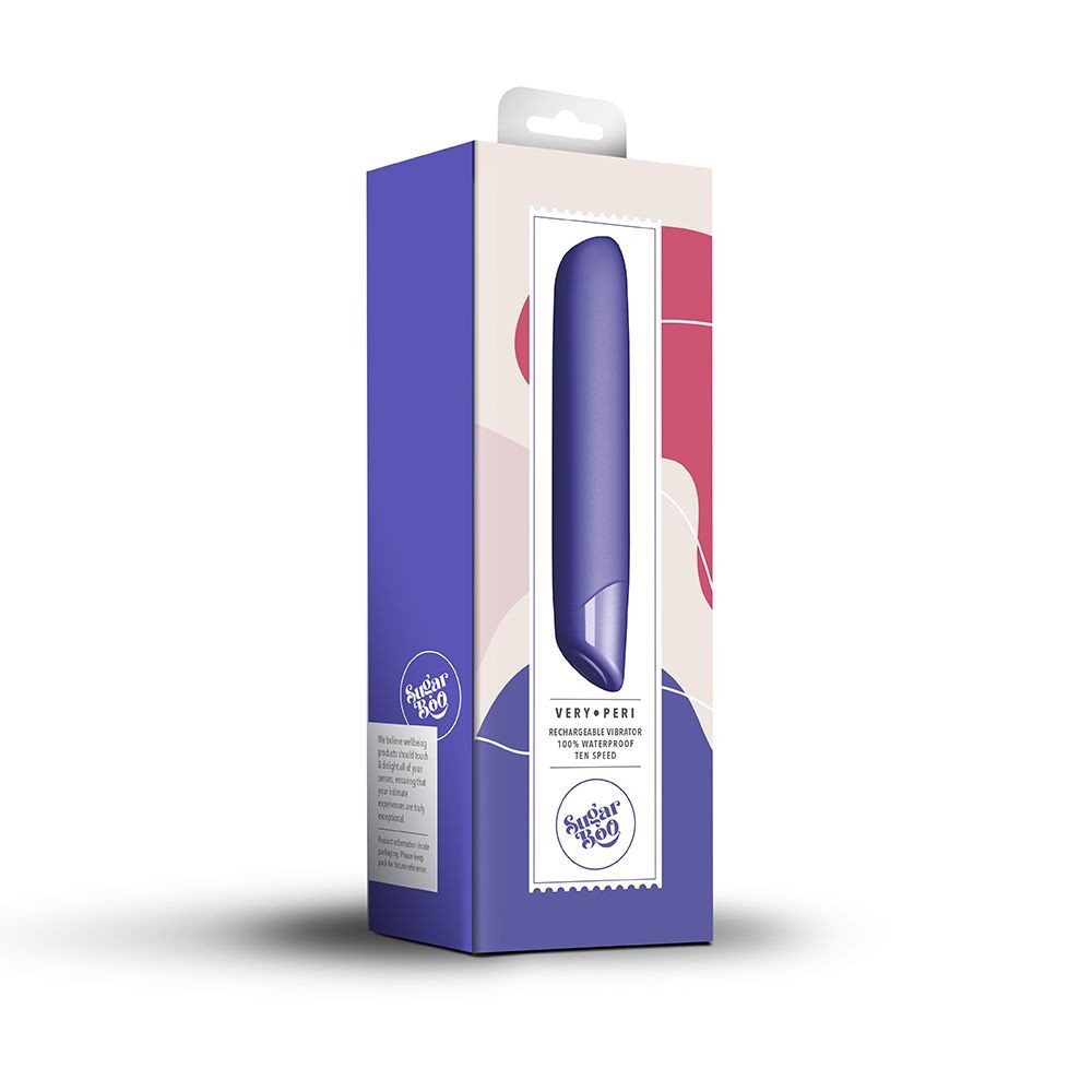Purple vibrator in a branded box on a white background
