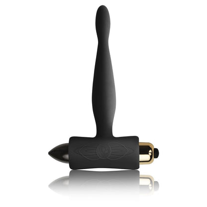 Black vibrating anal probe with a gold accent on a white background