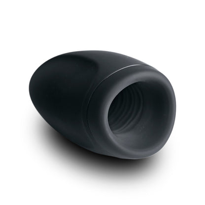 Black silicone msturbation sleeve on a white background