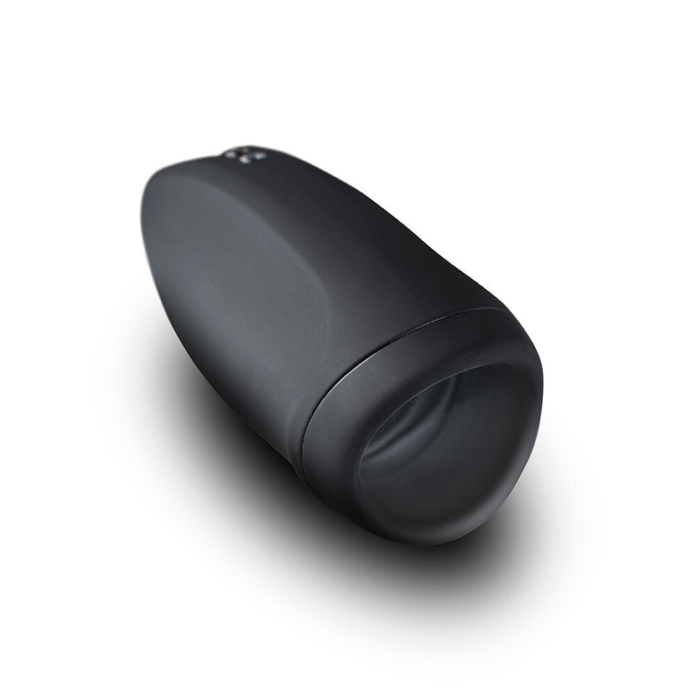 Black cylindrical object on a white background