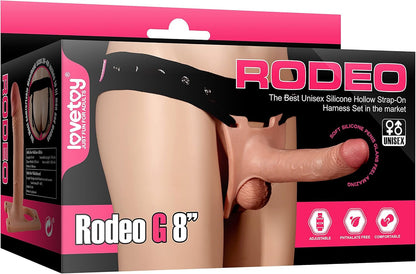 Rodeo G 8" silicone strap-on packaging with pink and black design.