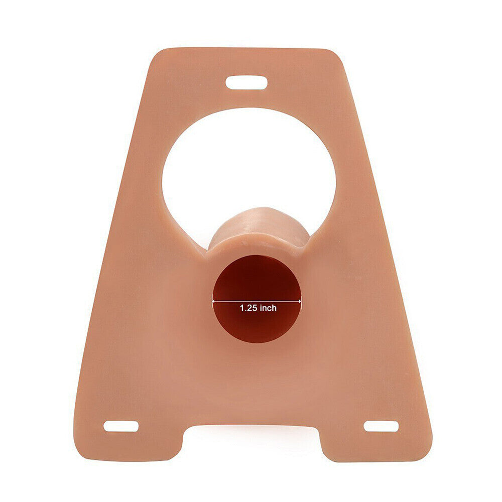 Skin-colored silicone hollow strap-on with circular cutout and measurement on a white background