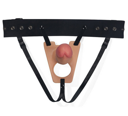 Sexual product with black harness and wooden base on a white background