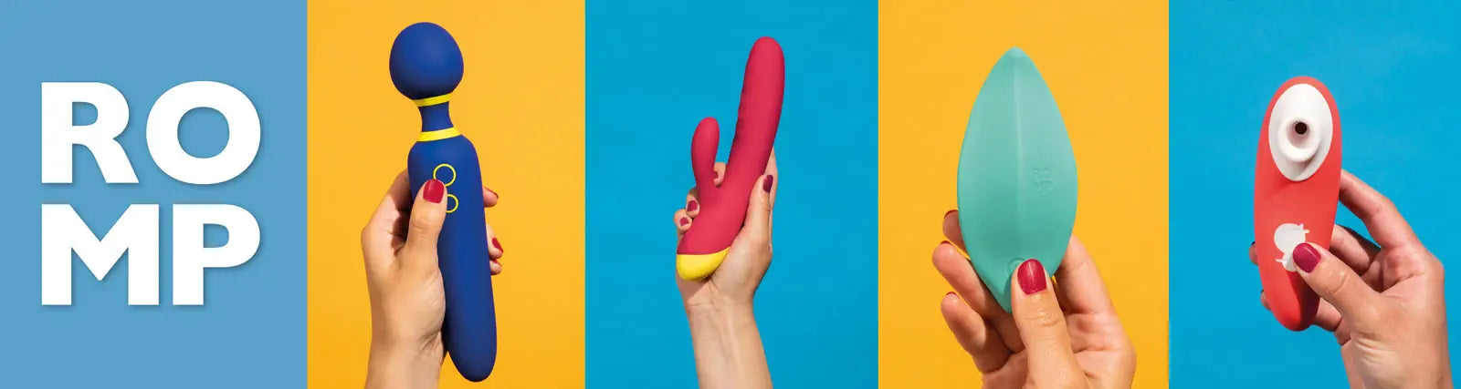 Four colorful sex toys held by hands against a blue and yellow background with 'ROMP' branding.