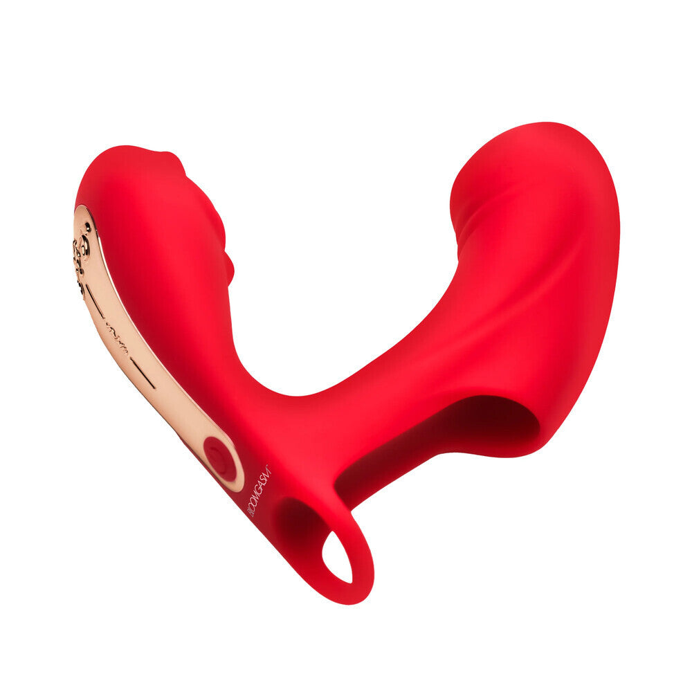 Red silicone finger vibrating product with gold accents on a white background