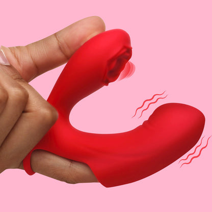 Red silicone product held in a hand against a pink background