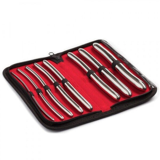 Set of metal urethral tools in a red case on a white background