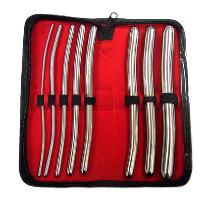 Set of metal urethral sex tools in a black case with red interior
