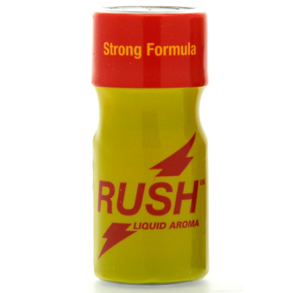 Yellow bottle of Rush liquid aroma with red top on a white background