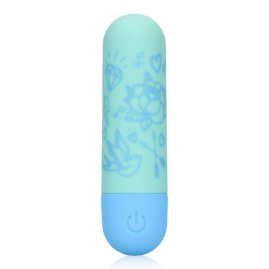 Turquoise and blue cylindrical clitoral massager with branding on a white background
