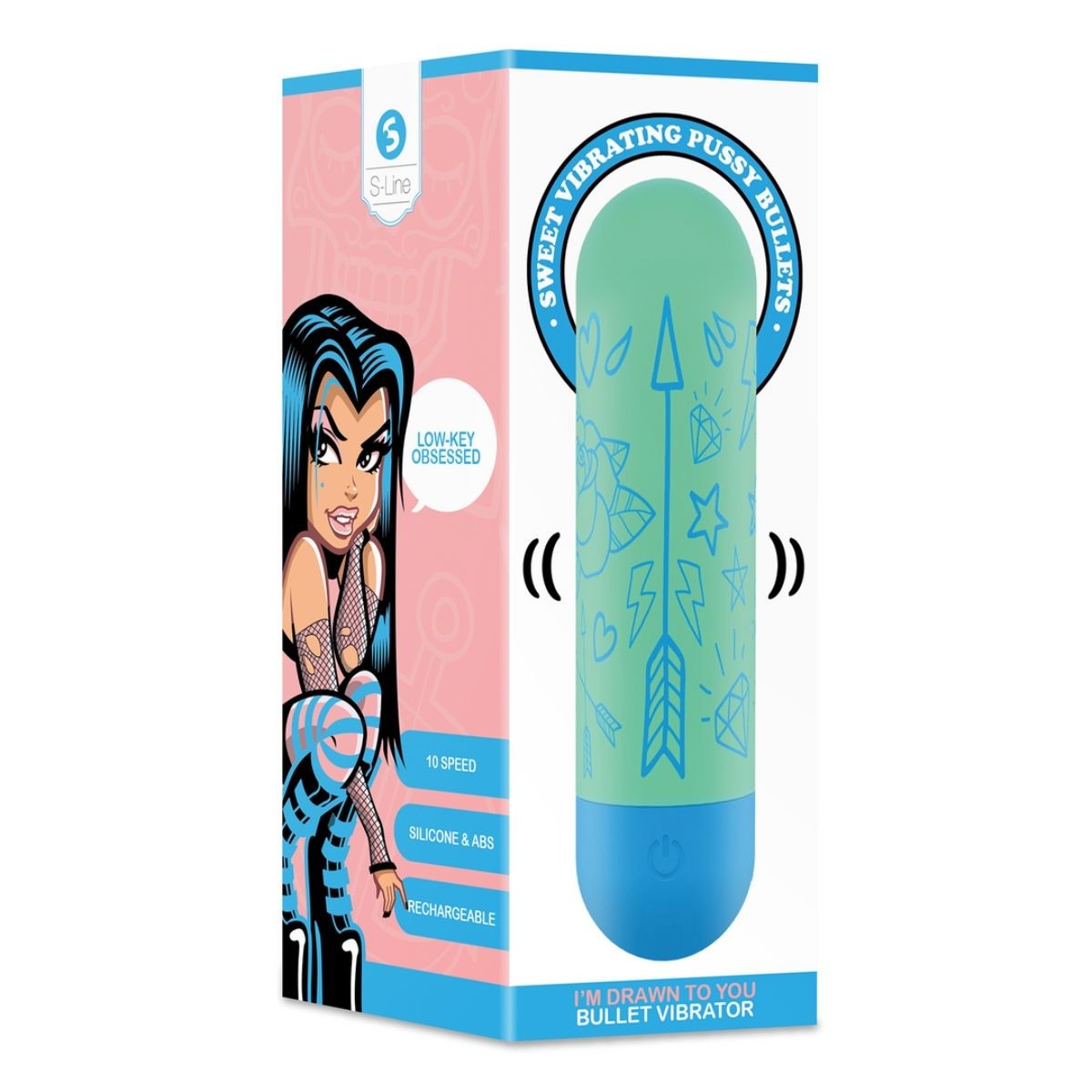 Bullet vibrator packaging with cartoon character on pink background