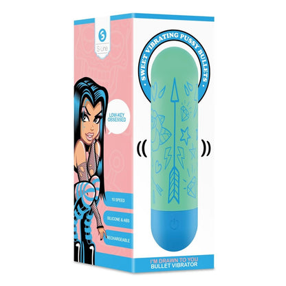 Bullet vibrator packaging with cartoon character on pink background