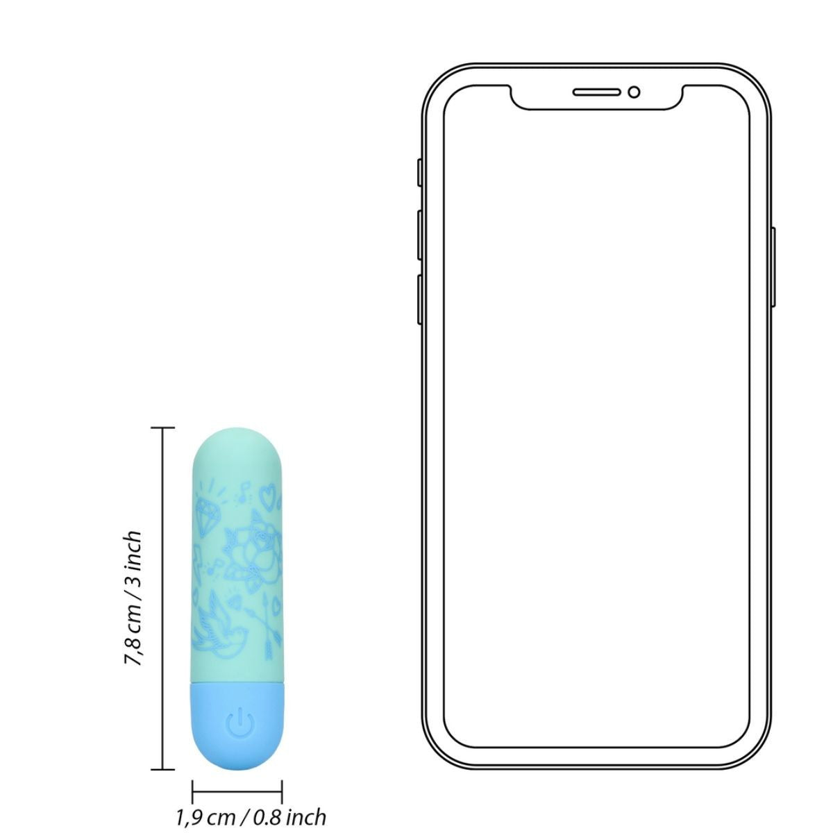 Measurement chart comparing a blue and green cylindrical object to an iPhone X on a white background.