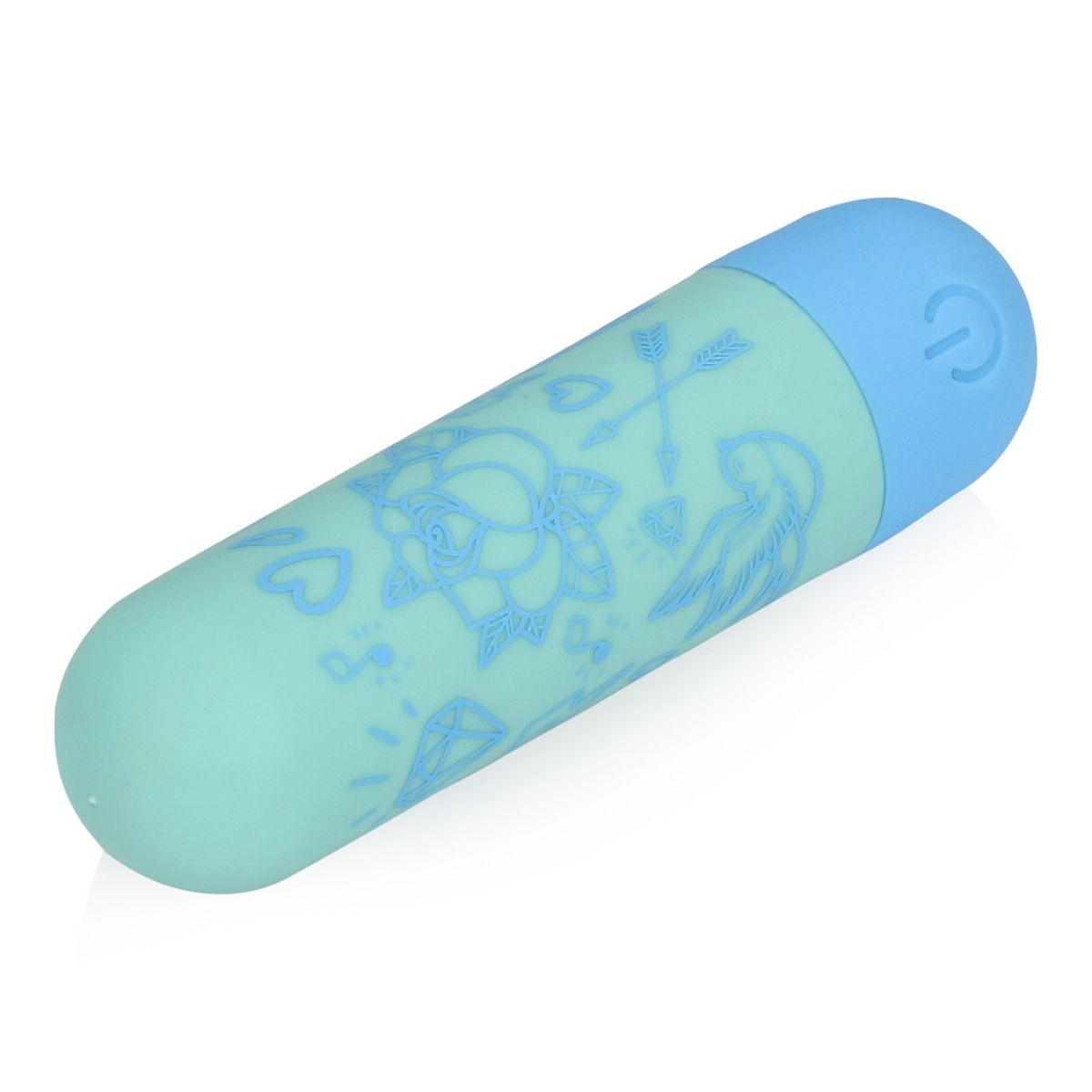 Blue cylindrical clitoral massager with patterns on a white background