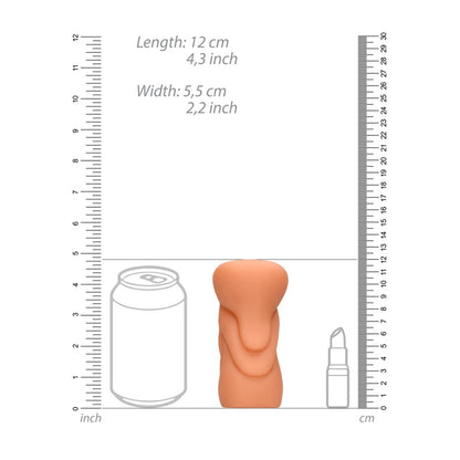 Measurement chart showing a product's dimensions relative to a can, lipstick, and ruler.