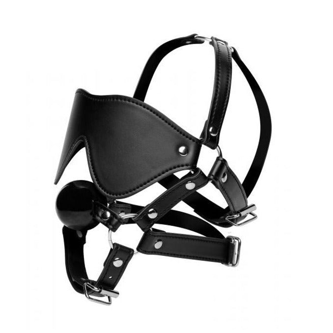 Black leather harness with blindfold and ball gag on a white background
