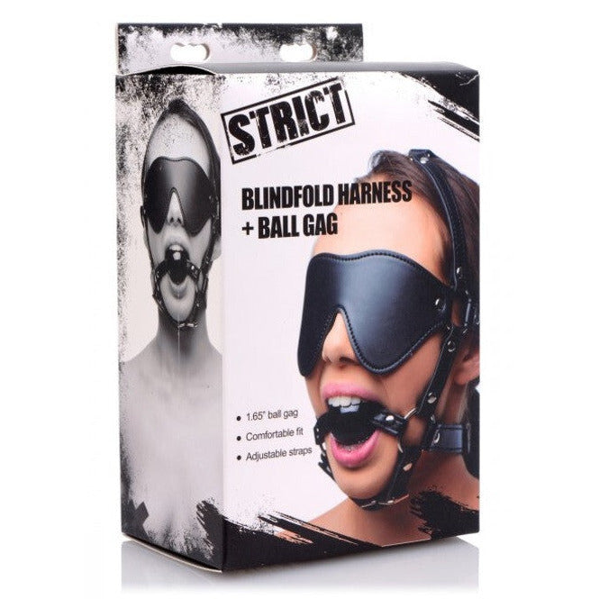 Box of Strict blindfold harness and ball gag on a white background