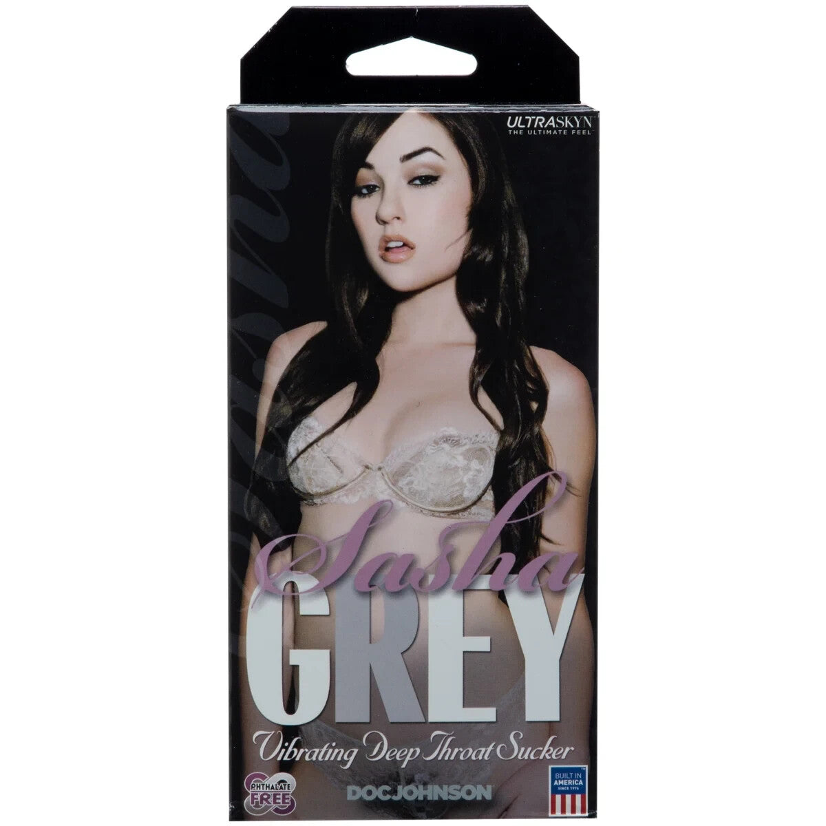 Product packaging featuring a woman with text 'Sasha Grey' and 'Doc Johnson'.