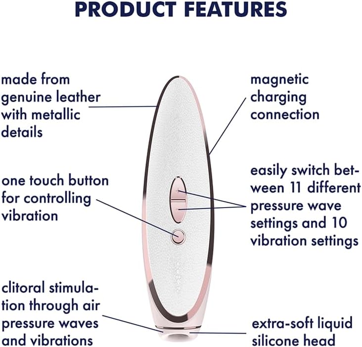 Product features diagram of a massage device with text labels on a white background