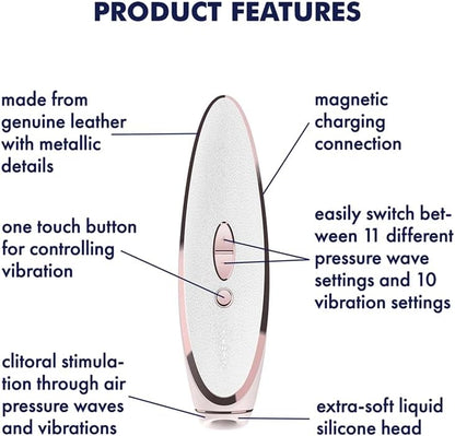 Product features diagram of a massage device with text labels on a white background