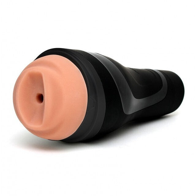 Black and beige silicone masturbator on a white background