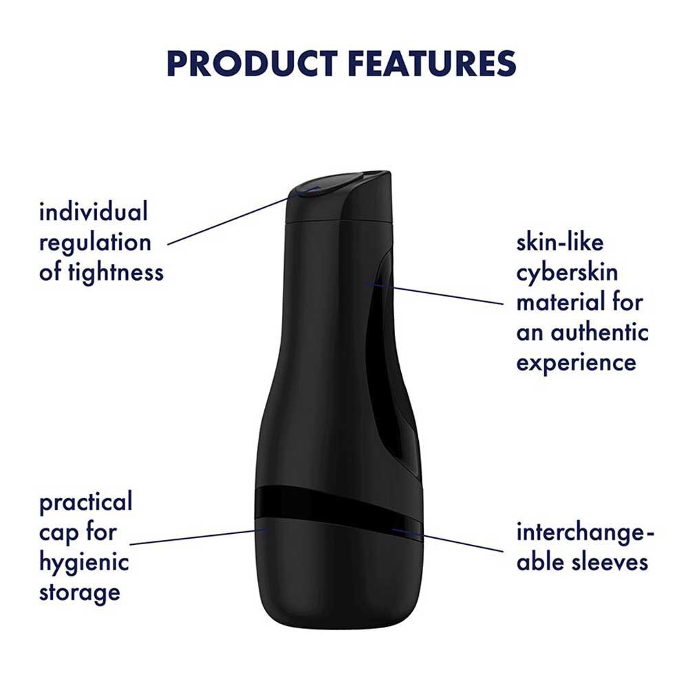 Black masturbator product with features labelled on a white background