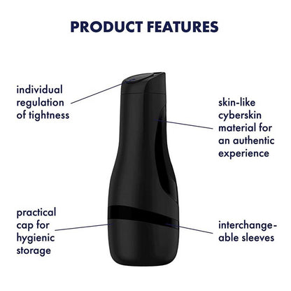 Black masturbator product with features labelled on a white background