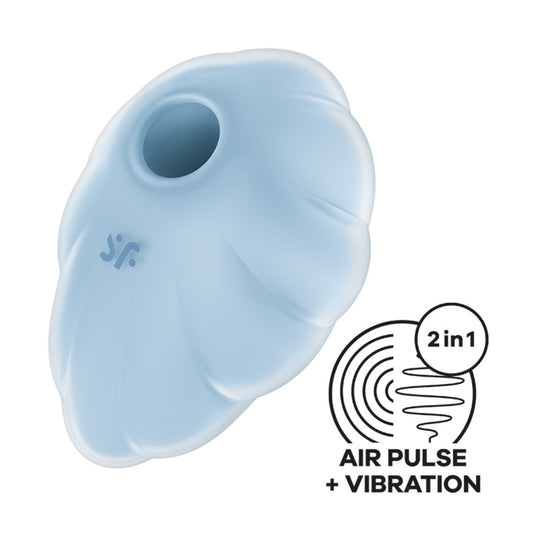 Blue silicone massager with air pulse and vibration features on a white background