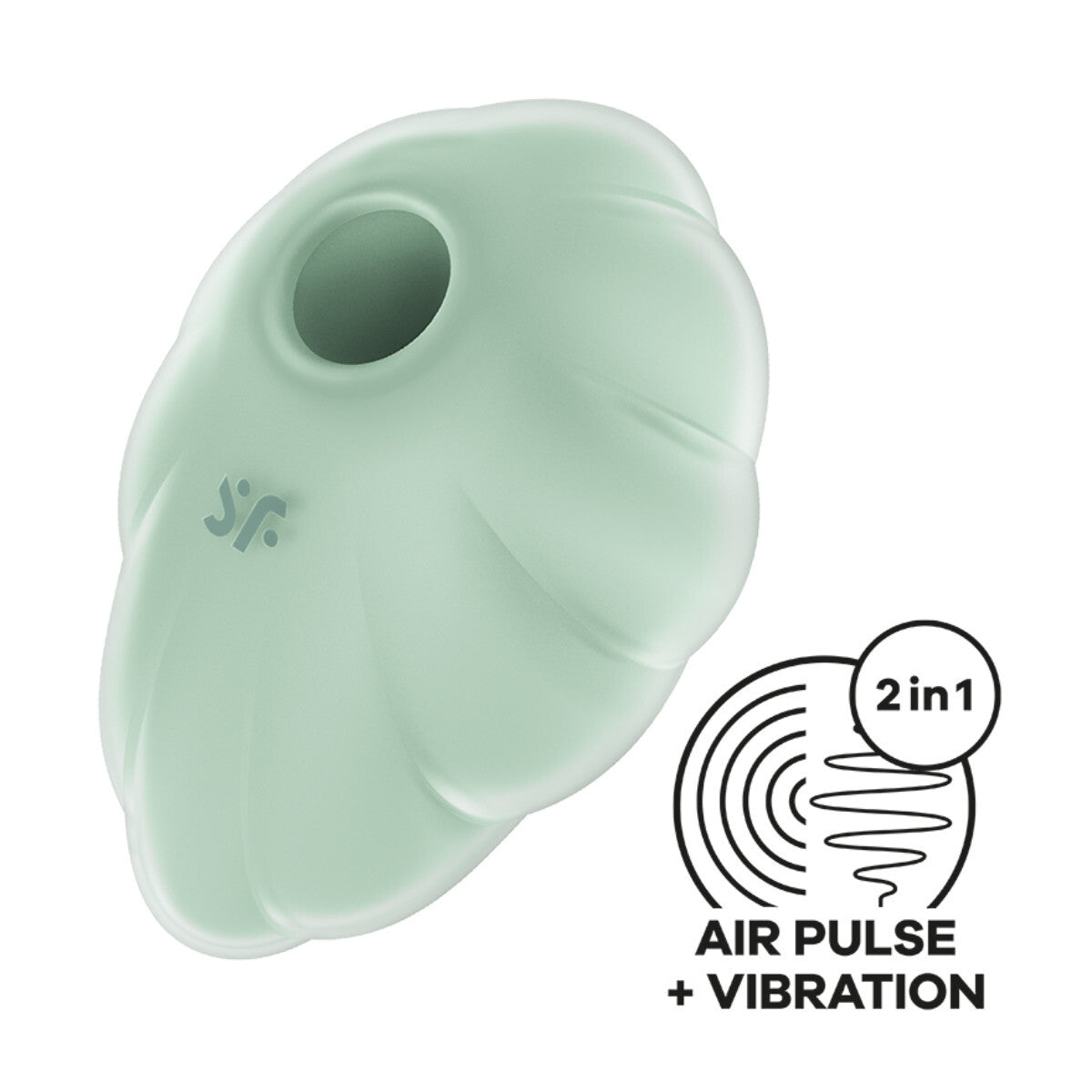 Green silicone massager with air pulse and vibration features on a white background