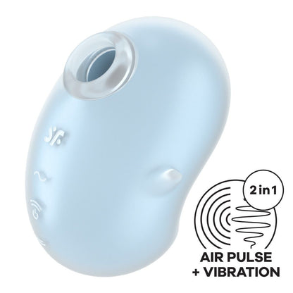 Light blue electronic device with '2in1 Air Pulse + Vibration' feature on a white background