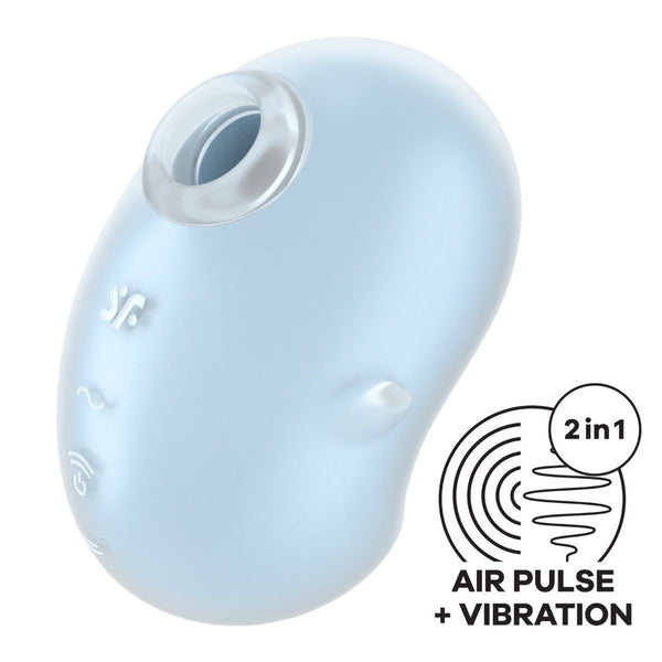 Light blue electronic device with '2in1 Air Pulse + Vibration' feature on a white background