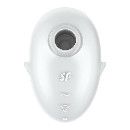 White electronic device with a logo on a white background