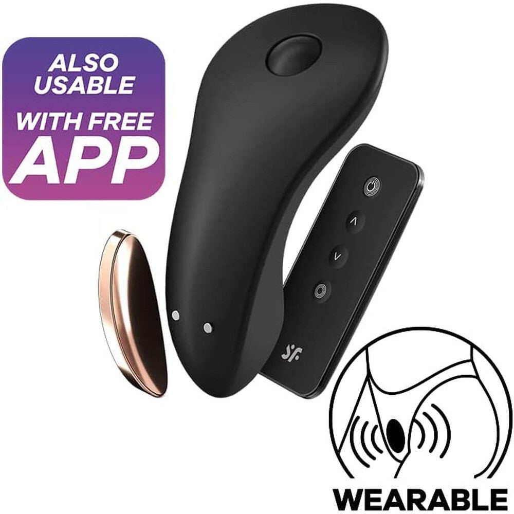 Black wearable device with free app feature on a white background