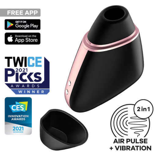 Black and rose gold device with app store logos and awards on a white background