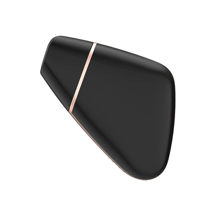 Black triangular object with a rose gold accent on a white background
