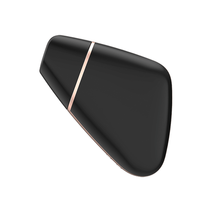 Black triangular object with a rose gold accent on a white background