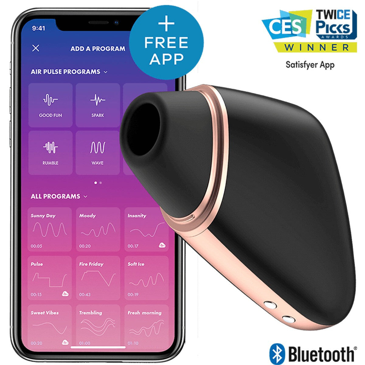 Black and rose gold device with app interface on smartphone screen, featuring Bluetooth and CES Twice Picco awards.