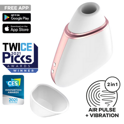 White and rose gold device with app store logos and awards on a white background