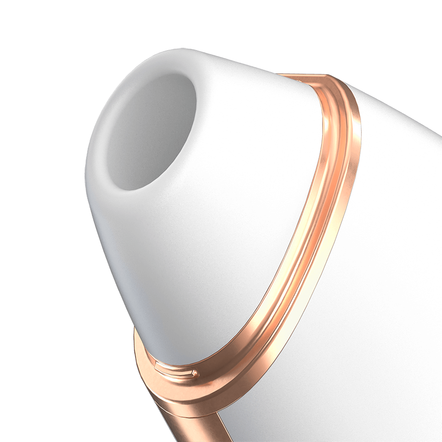 White and rose gold electronic device on a white background