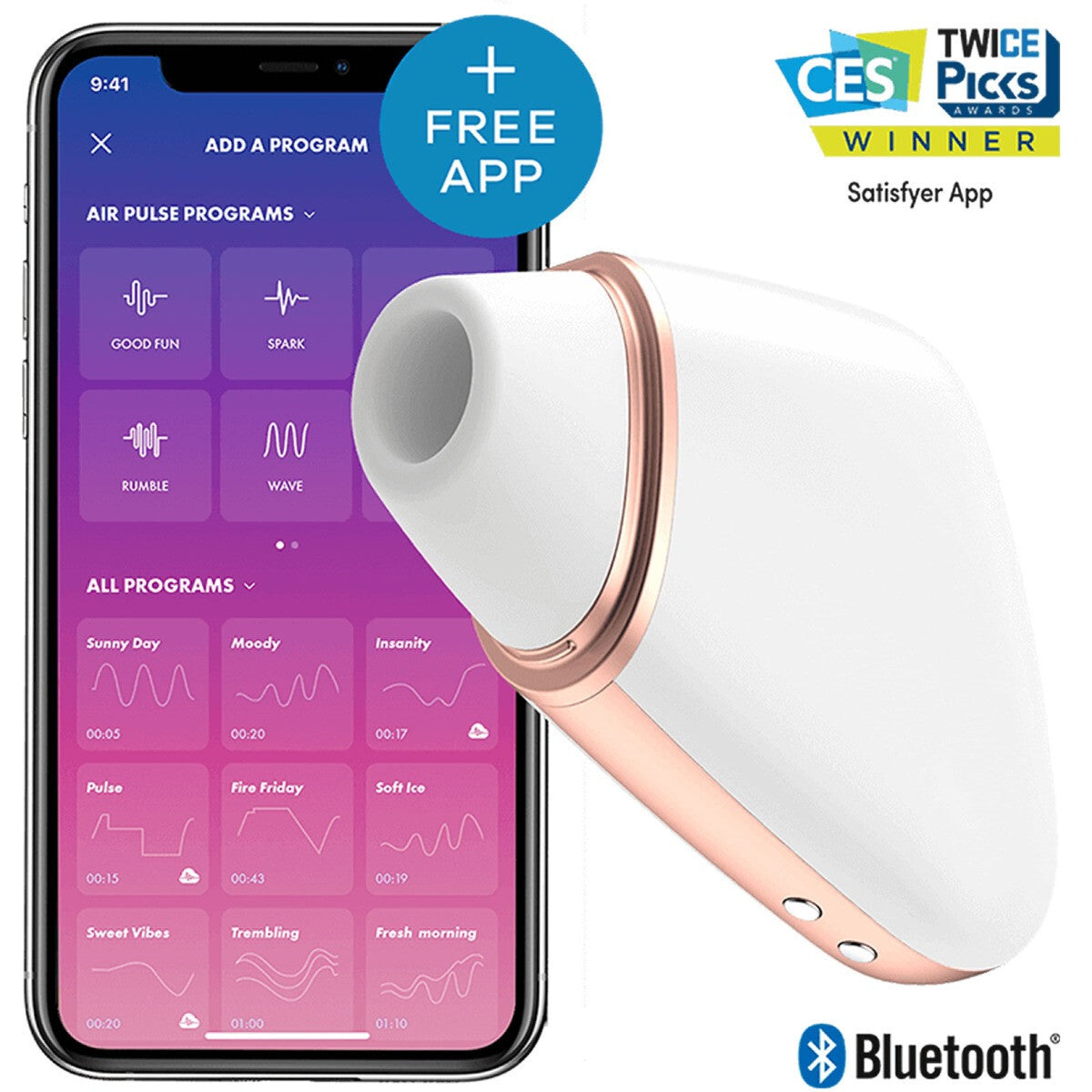 White and rose gold device with app interface on smartphone screen, featuring Bluetooth logo and CES Twice Piccs award.